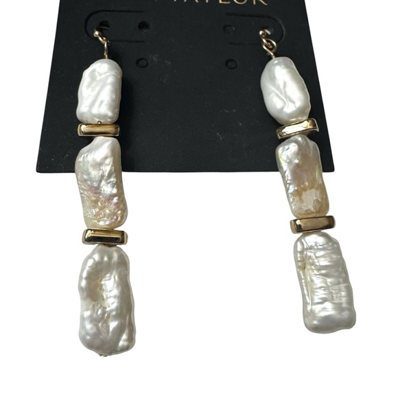 NEW Ann Taylor Linear Pearl Drop Earrings, gold, freshwater pearl - Picture 4 of 9